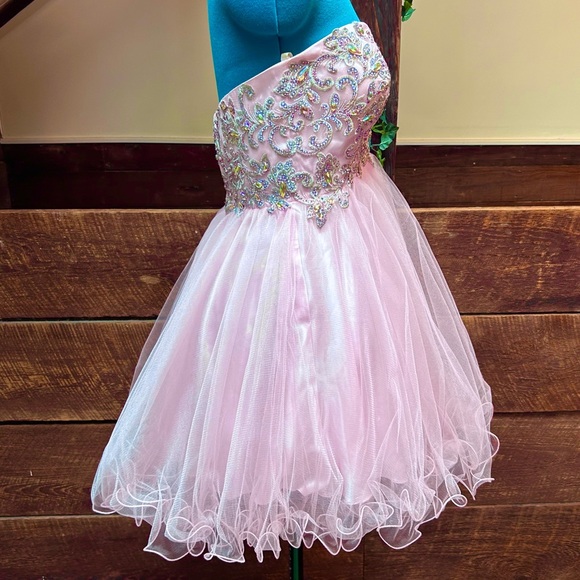 Ethereal Strapless Tulle Fairy Princess Pageant Mini Prom Dress Iridescent Gems - Picture 6 of 16